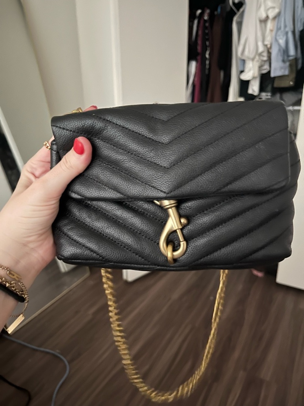Rebecca Minkoff Black Quilted Leather Shoulder Bag with Gold Hardware